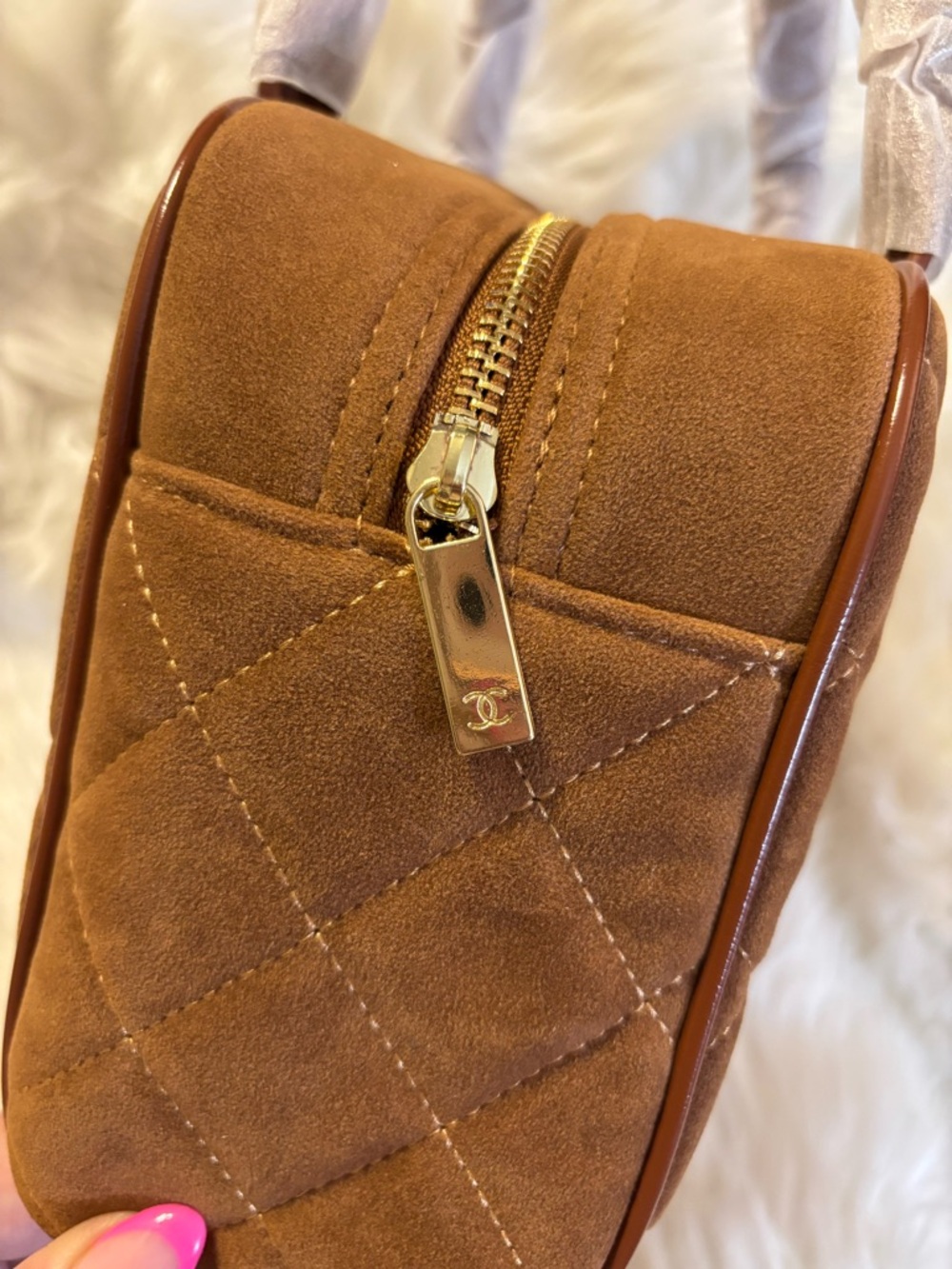 Brown Quilted Suede Top-Handle Satchel with Patent CC Logo - Picture 7 of 9